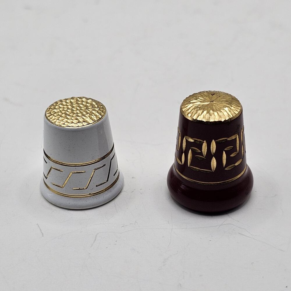 Vintage Set of 2 Felix Morel Brass Thimbles Black Gold White Greek Key